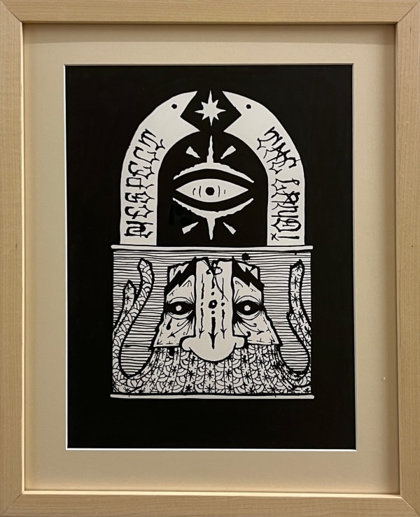 ink drawing of the gats mask under an eye