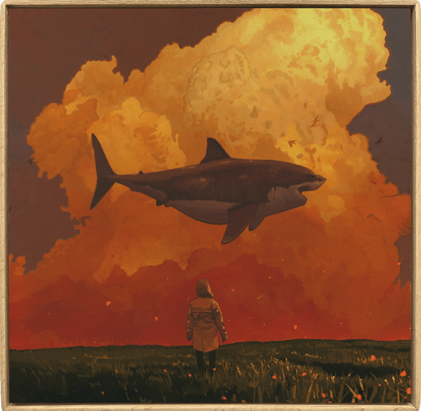 Painting by artist Chris Austin depicting a child in a yellow raincoat in a wide open field. Above, large orange clouds fill the sky and a large shark floats above the child.