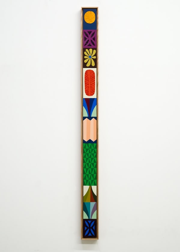 Vertical painting with small designed stacked on top of each other featuring a yellow flower, a red feather, a sun, a checkered green design, a diamond shaped design and a blue flower