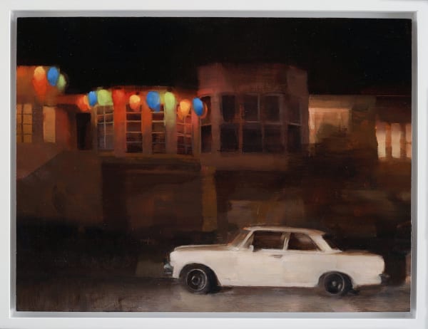 Kim Cogan - Painting of a street at night, a white car parked on street as the front view and side walk with buildings as background, decorative lights of red, blue, yellow and green liut up on the left side of the painting