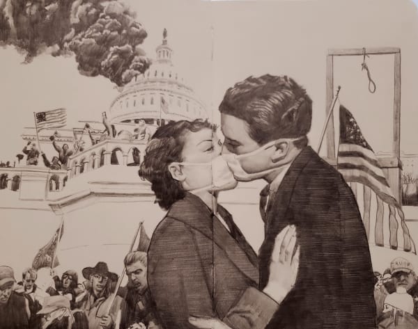 A black and white drawing of a man and woman kissing with surgical masks on in front of the US Capital building which is on fire with a mob of people protesting and holding signs in front of it.
