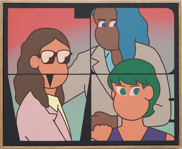 Painting of three figures looking in different directions, one has long brown hair, sunglasses and a pink shirt, another figure has light blue hair, and a tan overcoat, the last figure has dark green hair and a purple tank top.