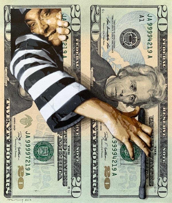 Penny Breakout Twenty Dollar, 2019 22 layer hand-cut stencil, spray paint on uncut sheet of twenty Dollar bills 5 7/8 x 4 7/8 in. 14.92 x 12.38 cm HPM of 3