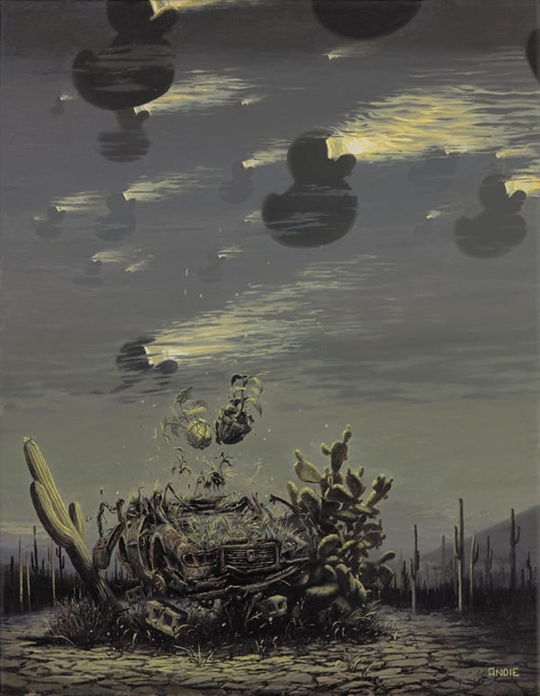 Painting by Andy Taylor for "Supersonic Invitational X". Desert landscape with destroyed car and floating rubber ducks in the sky.