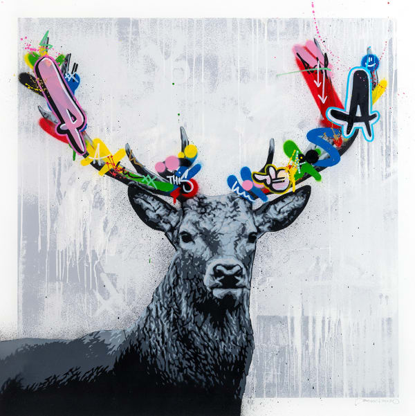 Martin Whatson The Stag, 2023 stencil, spray paint and acrylic on paper (ed 8/10) 26 3/8 x 26 3/8 in 67 x 67 cm