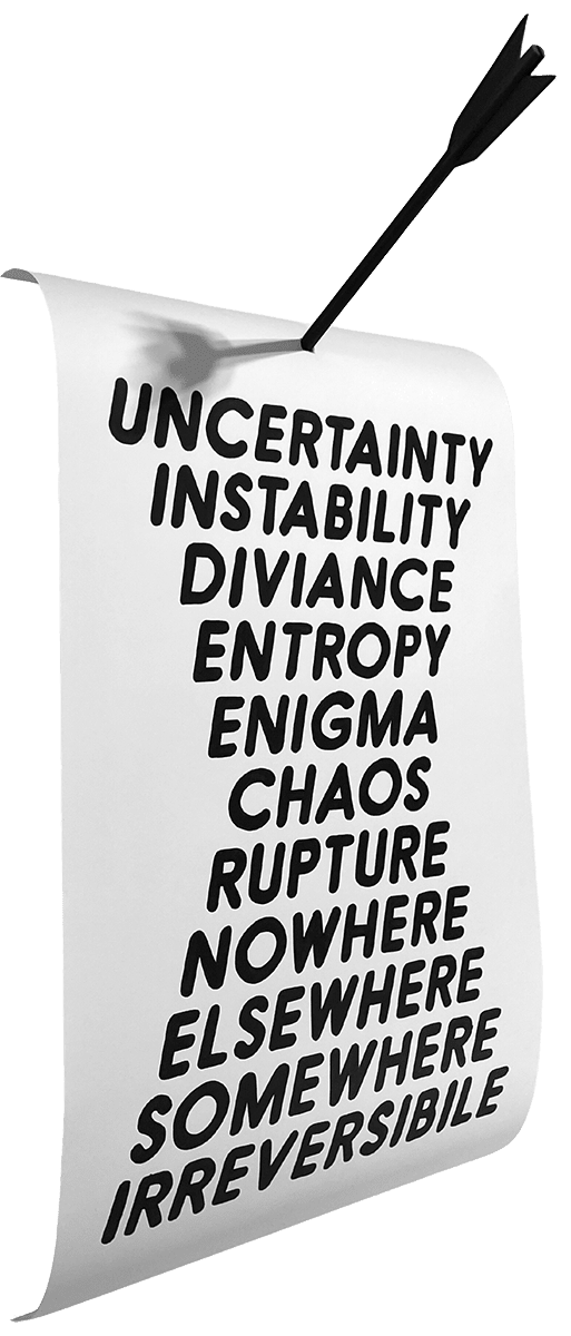 white scroll with all uppercase black text and an arrow going through the paper at the top