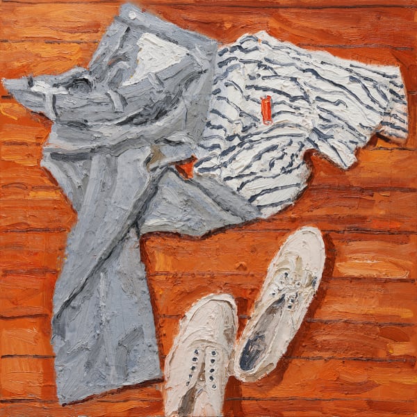 Painting of a pair of white sneakers, a pair of light blue jeans and a stripped blue and white shirt on a light brown hardwood floor by Emilio Villalba