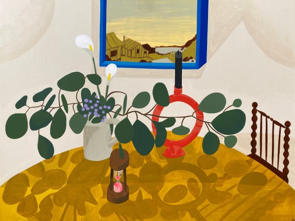 Josh Stover painting of a table with vases and plants on top