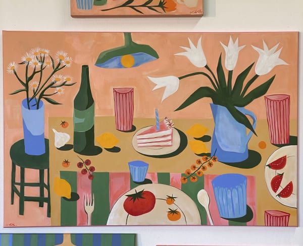 Jess Ackerman "Wheres My Presents?" acrylic still life painting of flowers, cake and fruit on a table