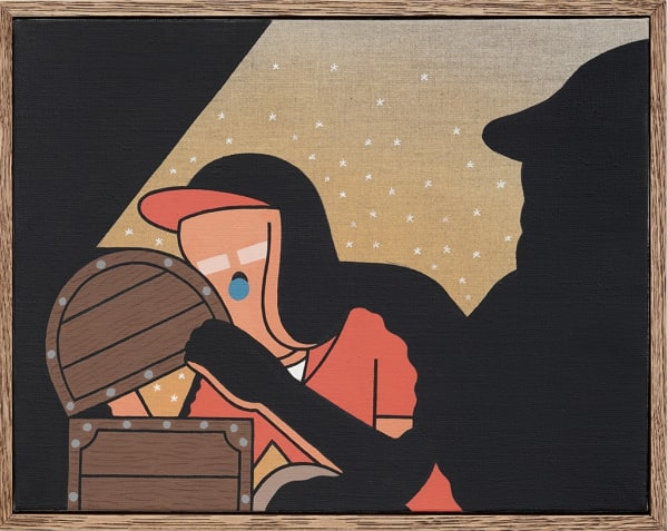 Painting of a figure opening a treasure chest with a yellow light beaming out of it onto the back wall and the figures face