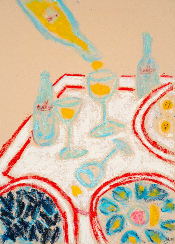 Michael McGregor "Still Life with Oysters" painting of blue outlined glasses of white wine and red outlined against tan background plates of food