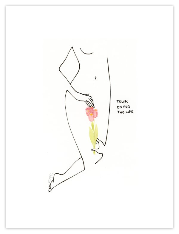 line drawing of a nude woman holding a tulip