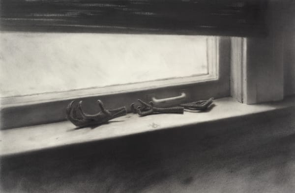 graphite drawing of chicken feet on a window