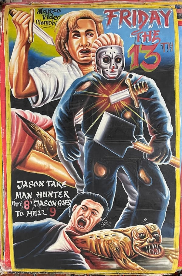 Deadly Prey (D.A. Armahsco) Friday the 13th Part 8 & 9, 2010’s oil and enamel on flour sack 64 x 40 in 162.6 x 101.6 cm