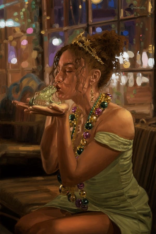 Painting of a seated woman in a green dress holding and kissing a frog