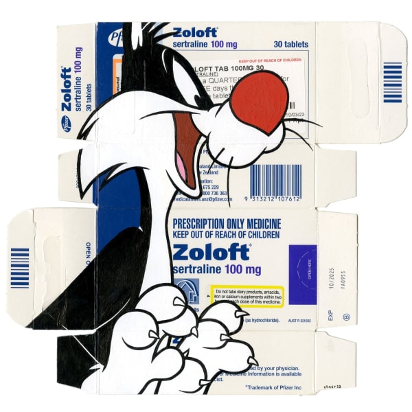 Cartoon character Sylvester painted on zoloft packaging