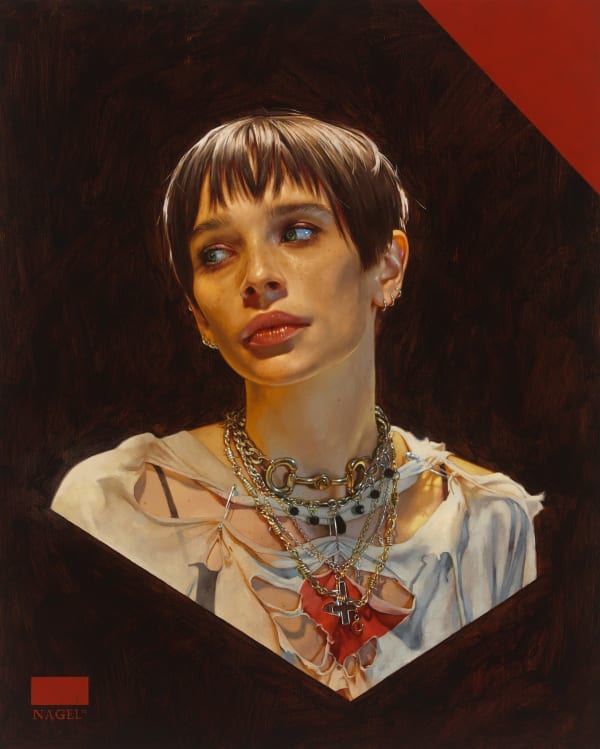 portrait of woman with cropped brown hair on a dark background