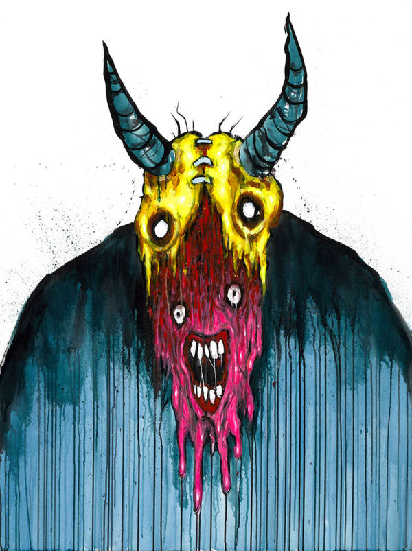 Painting by Alex Pardee if a blue horned creature