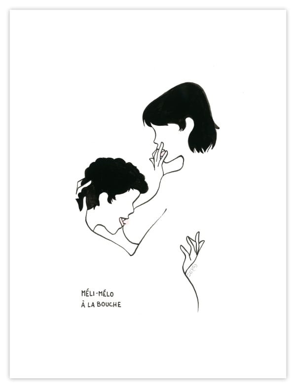 line drawing silhouette of a man kissing a woman's breast
