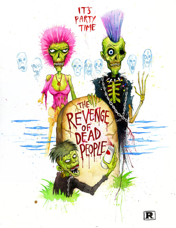 Painting by Alex Pardee of three green aliens in punk outfits and haircuts standing next to a tombstone with the words " Revenge of Dead People" in red