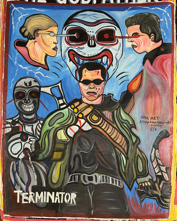 Deadly Prey (OMG Art) Terminator, 2020 oil and enamel on flour sack 55 x 42 in 139.7 x 106.7 cm