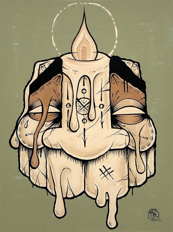 GATS painting of a mask with a lit candle on its face