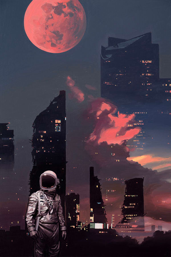 a person in an astronaut suit in front of half destroyed high rise buildings and a pink moon above them