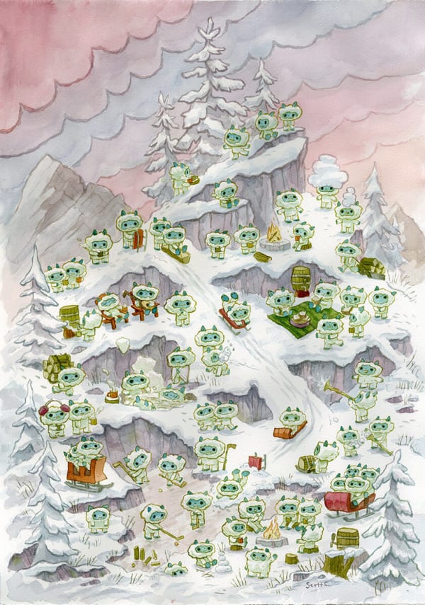 a snow covered mountain with small little creatures