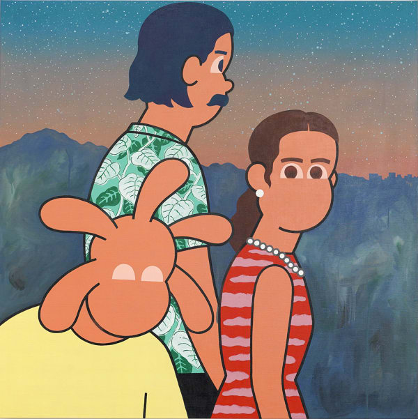 Painting of three figures, one male with a green Hawaiian shirt, long dark hair and a mustache facing away, a woman in a red and pink stripped dress with pearl necklace and earrings. There is another figure with a yellow shirt. In the background is a landscape.