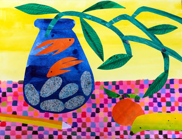 Karen Lederer collage of goldfish in clear vase with plant, fruits and pencil