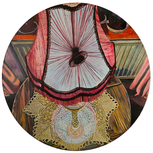 Circular painting of a distorted lamp on a wooden table from an aerial view
