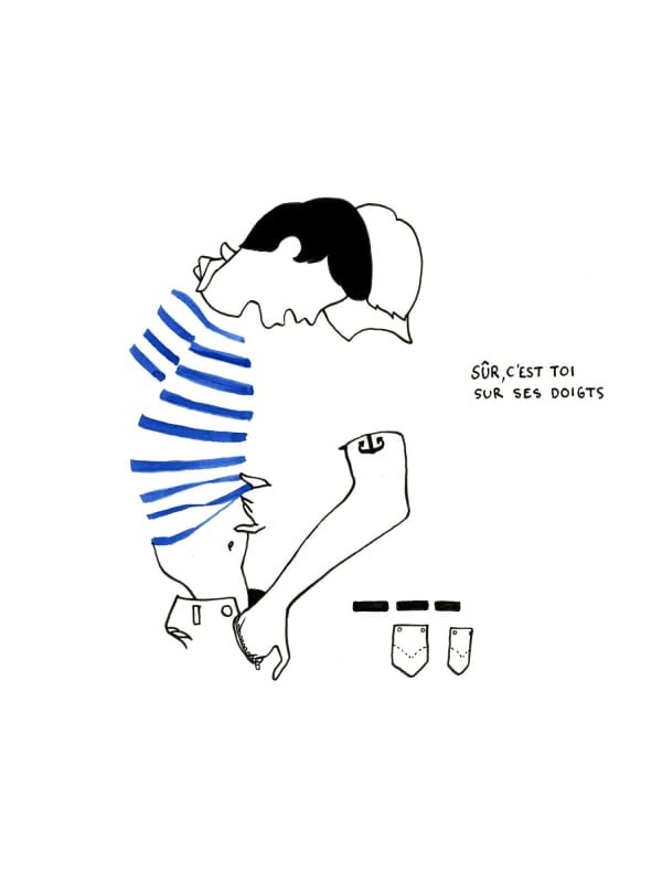 Petites Luxures drawing of two figures embracing, one in blue striped shirt