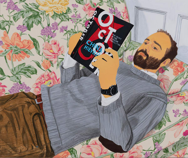 Karen Lederer painting of man laying on floral couch reading book