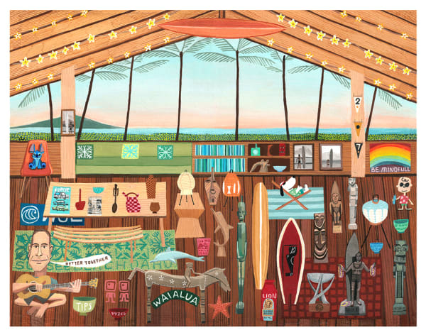 Painting of a house with a man playing a guitar, a table with a vase, a bowl, a book and a magazine on it, a chair with Stitch sitting in it, a wooden horse with a man ridding on it, a wooden dolphin statue, a green couch with several pillows, a bookshelf with blue and green books in it, three pictures of people holding long boards on the wall, a poster with a rainbow that says be mindfull, Charlie Brown in a red Hawaiian shirt and black sunglasses holding a bottle of sunscreen, a starfish, several cultural masks, several standing paper lanterns and Snoopy sitting in a chair with sunglasses on all in a room with a giant window that outlooks the ocean with several palm trees and an island out in the distance.