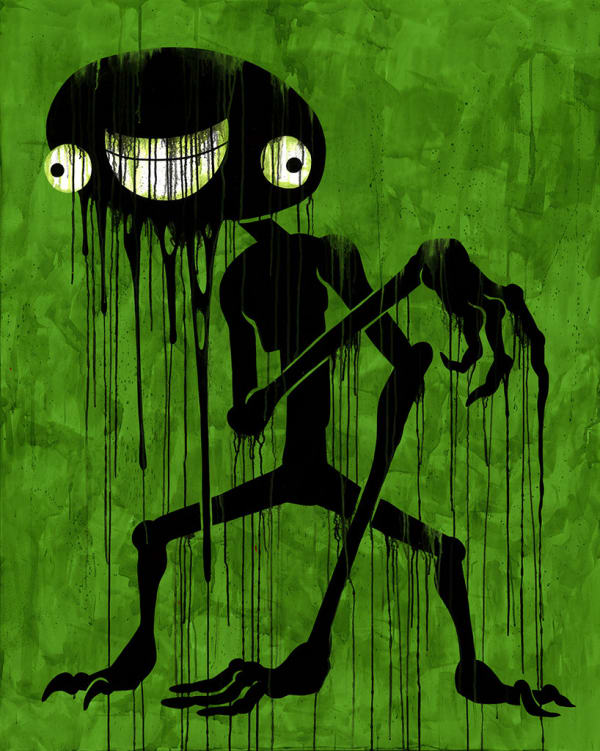 Painting by Alex Pardee of an all black creature and large mouth and eyes on a green background