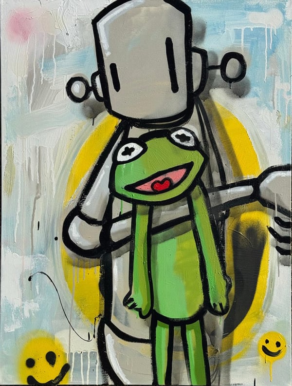 grey robot holding a green kermit the frog on his arm