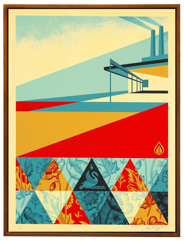 image of a factory with smoke stacks in a geometric red, blue, and yellow style with oatterned multicolor triangles on the bottom third