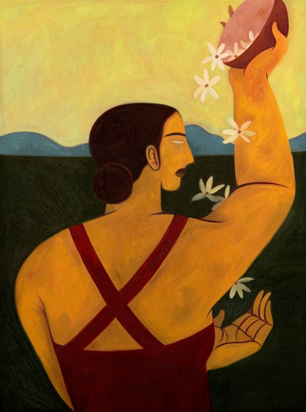 Hilda Palafox painting of woman holding bowl of flowers above head