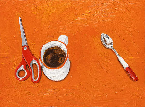 Emilio Villalba painting of scissors, mug and spoon on orange background