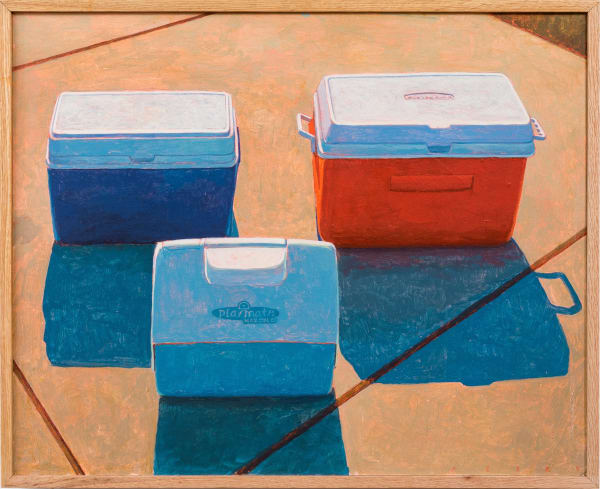 Painting of three igloo coolers on the sidewalk