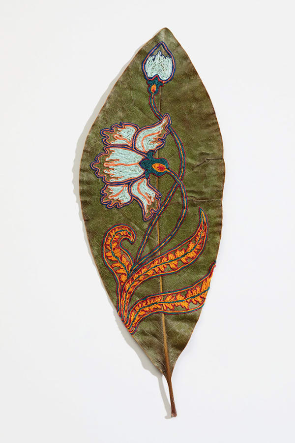 Hillary Waters Fayle hand embroidered floral design on leaf