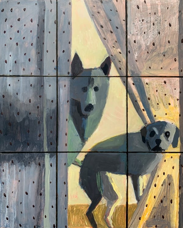 Woodrow White - Painting of two dogs staring through the window with the curtain half open, dogs painted with grey and green shade, curtain with grey and black polka dot, yellow background