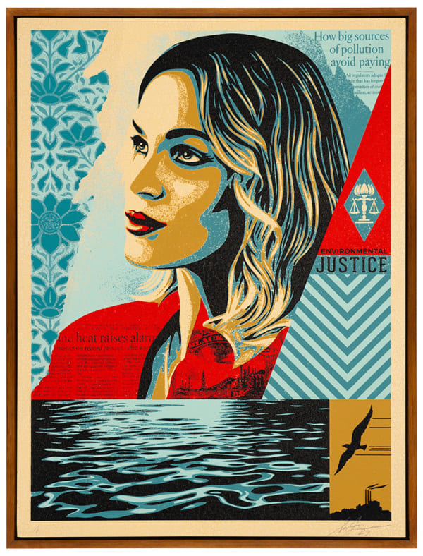 image of a woman looking into the distance with collaged scenes of water, and bird, and the word justice around her.