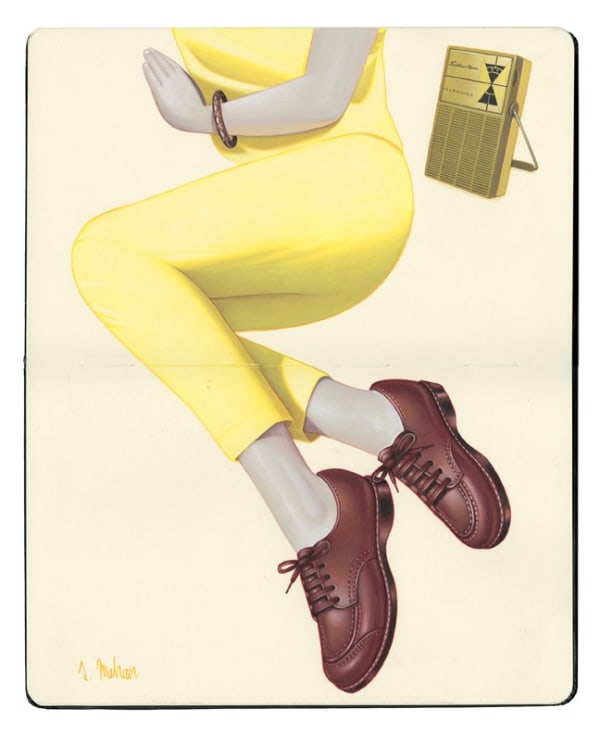 Painting of a persons lower half of their body laying down in matching yellow pants and top with brown shoes on and a vintage radio
