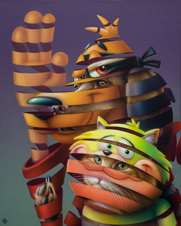 image of a cartoon dog and cat sliced to reveal realistic looking dog and cat underneath