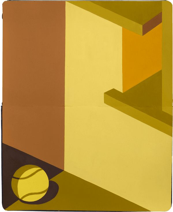 Painting of a yellow wall with a yellow tennis ball on the ground next to it.