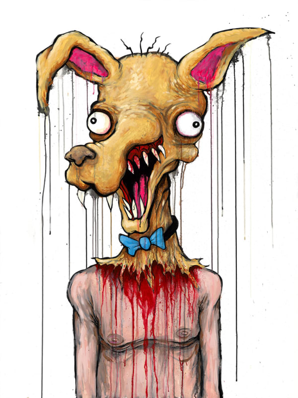 Painting by Alex Pardee of a person with a bloody dog head and blue bow tie covering his face