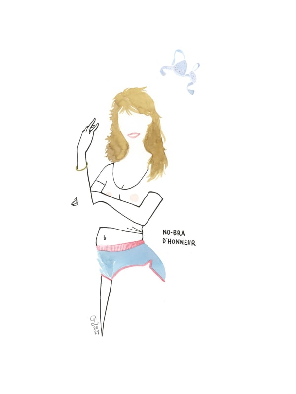 Petites Luxures line drawing of figure in blue underwear and golden hair