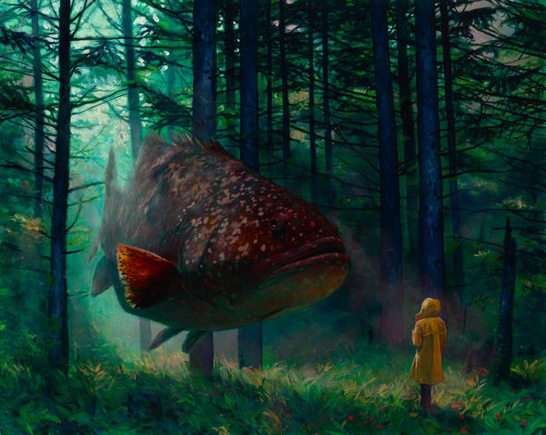 child in a yellow raincoat face to face with a giant floating fish in the woods