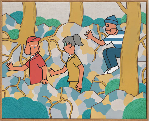 Painting of three figures walking through a forest along a trail with three trees and bushes surrounding them